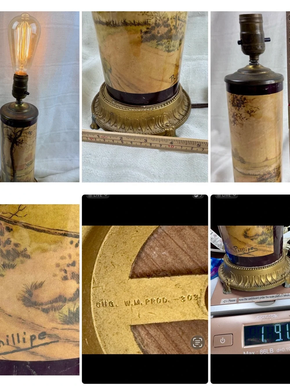 Title: Vintage Phillipe Pastoral Scene Cylinder Table Lamp Gold Tone
